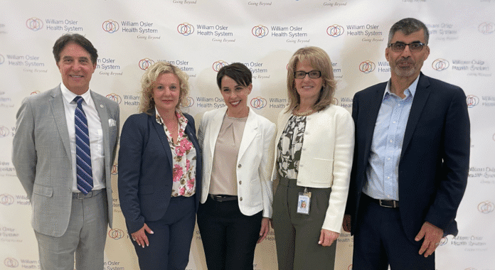 Pictured (L-R): Dr. Frank Martino, President and CEO, William Osler Health System; Roberta Iannacito-Provenzano, Provost and Vice-President, Academic, Toronto Metropolitan University; Dr. Nathalie Boudreau, Director, Nursing and Health Professionals, Ontario Ministry of Health; Tiziana Rivera, Executive Vice President, Quality, Research and Chief Nursing Executive, William Osler Health System; Dr. Maher M. El-Masri, Director and Professor, Daphne Cockwell School of Nursing,Toronto Metropolitan University.